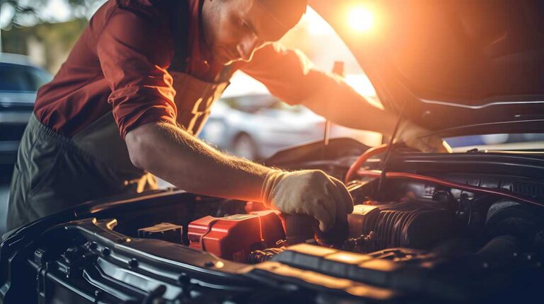 A person checking a car tire pressure and another cleaning out belongings from the vehicle’s trunk.