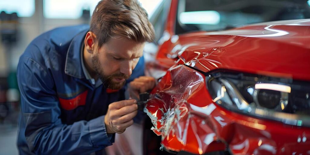 Driver checks a car’s coolant reservoir beside an open hood on a sunny summer day.